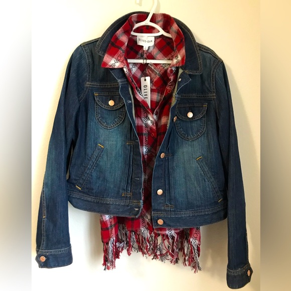 NWT Olive+Oak Women’s Boho Flannel & Plaid Fringe Button Down Cotton Top - Picture 2 of 13